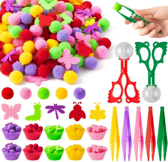 pom poms and tongs