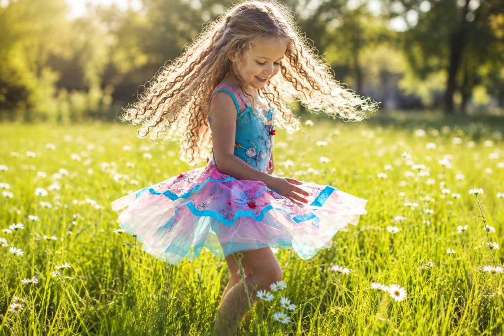 music and movement; A carefree young girl dancing in a sunlit meadow filled with daisies.