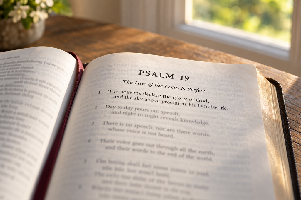 What to Read First in the Bible; Open Bible at Psalm 19